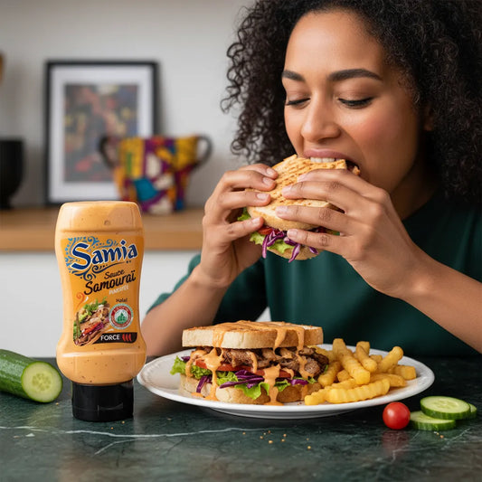 Femme dégustant un sandwich garni avec la Sauce Samourai halal SAMIA - Rehaussez Vos Plats | Crémeux, Épicé, posée à côté d’un plat de frites et crudités.
