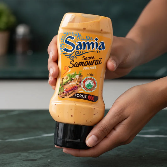 Main tenant la Sauce Samourai halal SAMIA - Rehaussez Vos Plats | Crémeux, Épicé, prête à être utilisée pour sublimer vos plats avec une touche épicée halal.