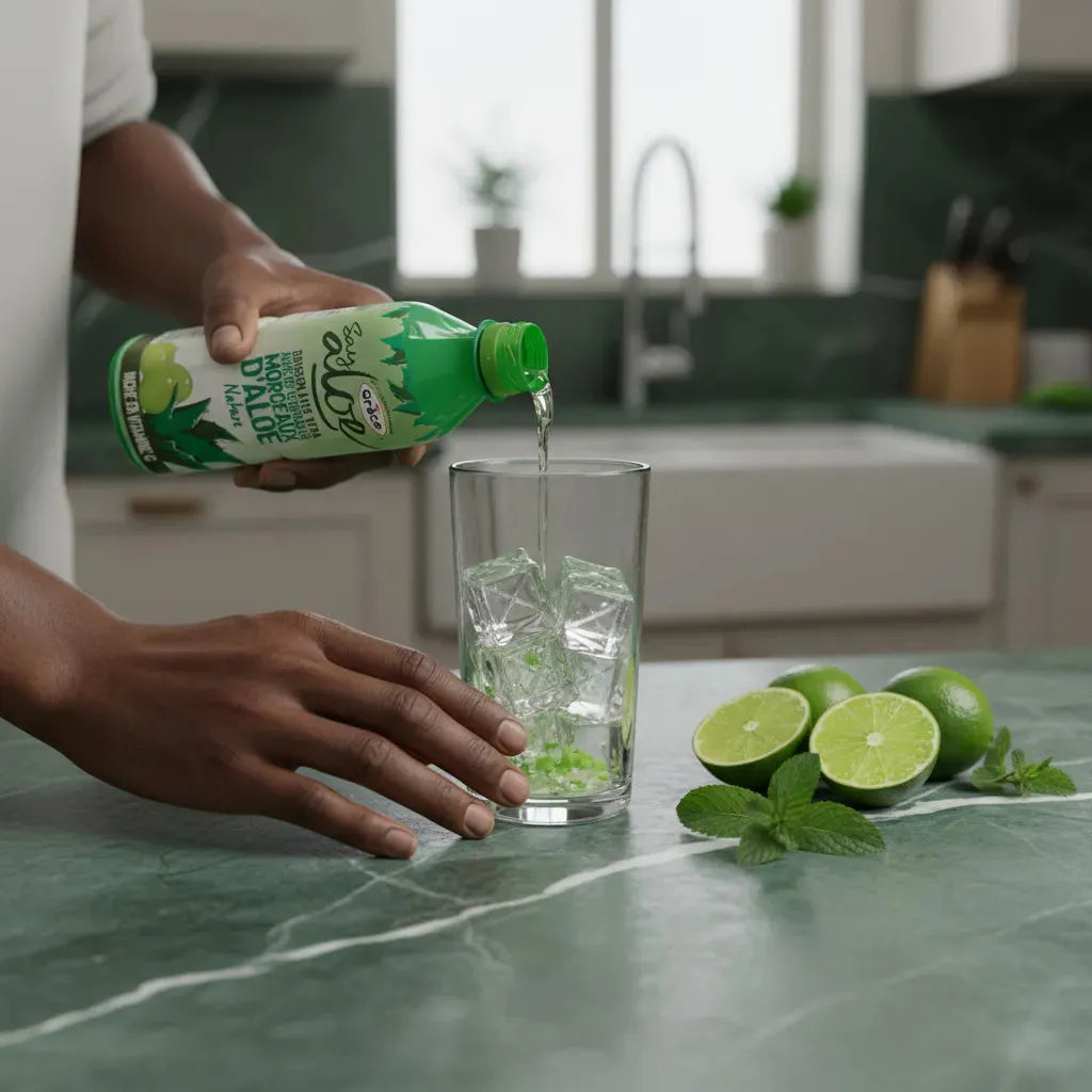 Versement du jus d'aloe vera GRACE Naturel dans un verre avec glaçons, boisson rafraîchissante à la pulpe d'aloe et riche en vitamine C.