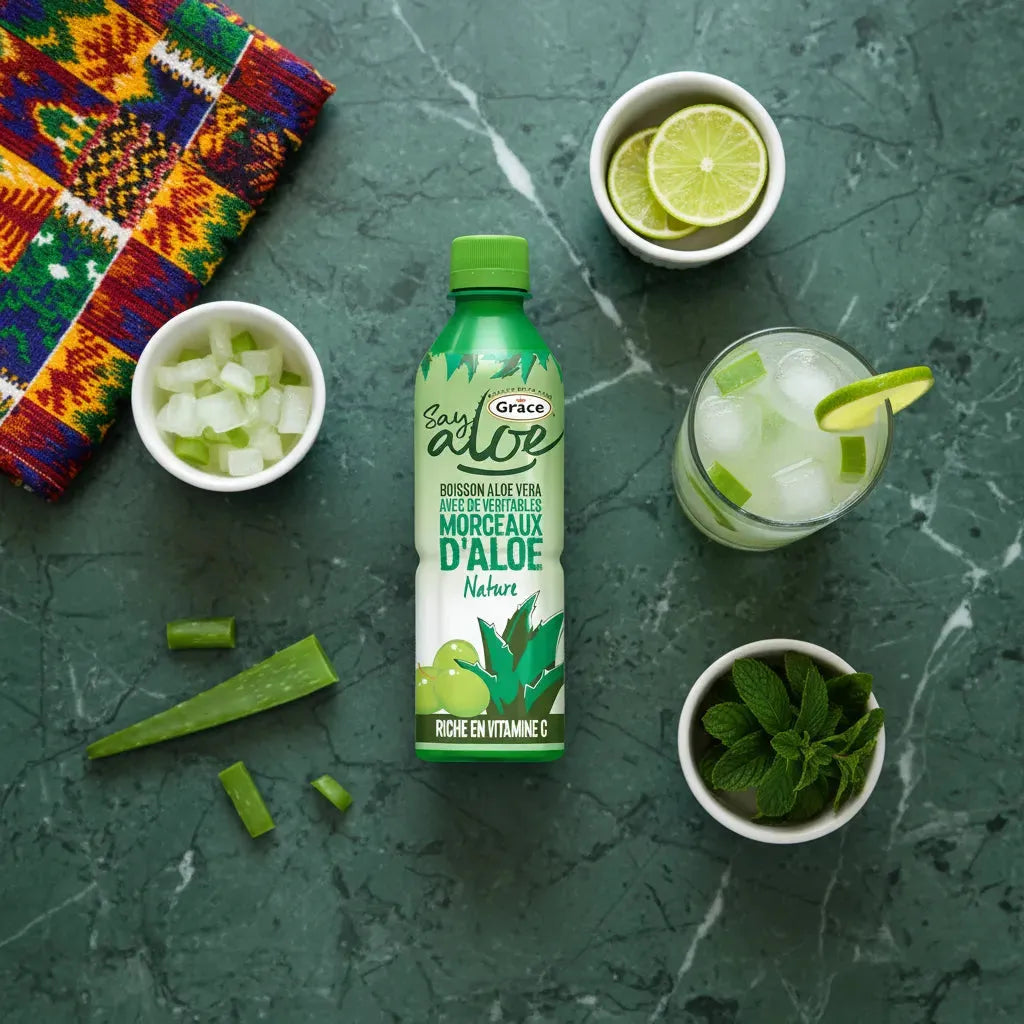 Bouteille de jus d'aloe vera GRACE entourée d'ingrédients frais comme aloe, citron vert et menthe, boisson naturelle à la pulpe d'aloe.