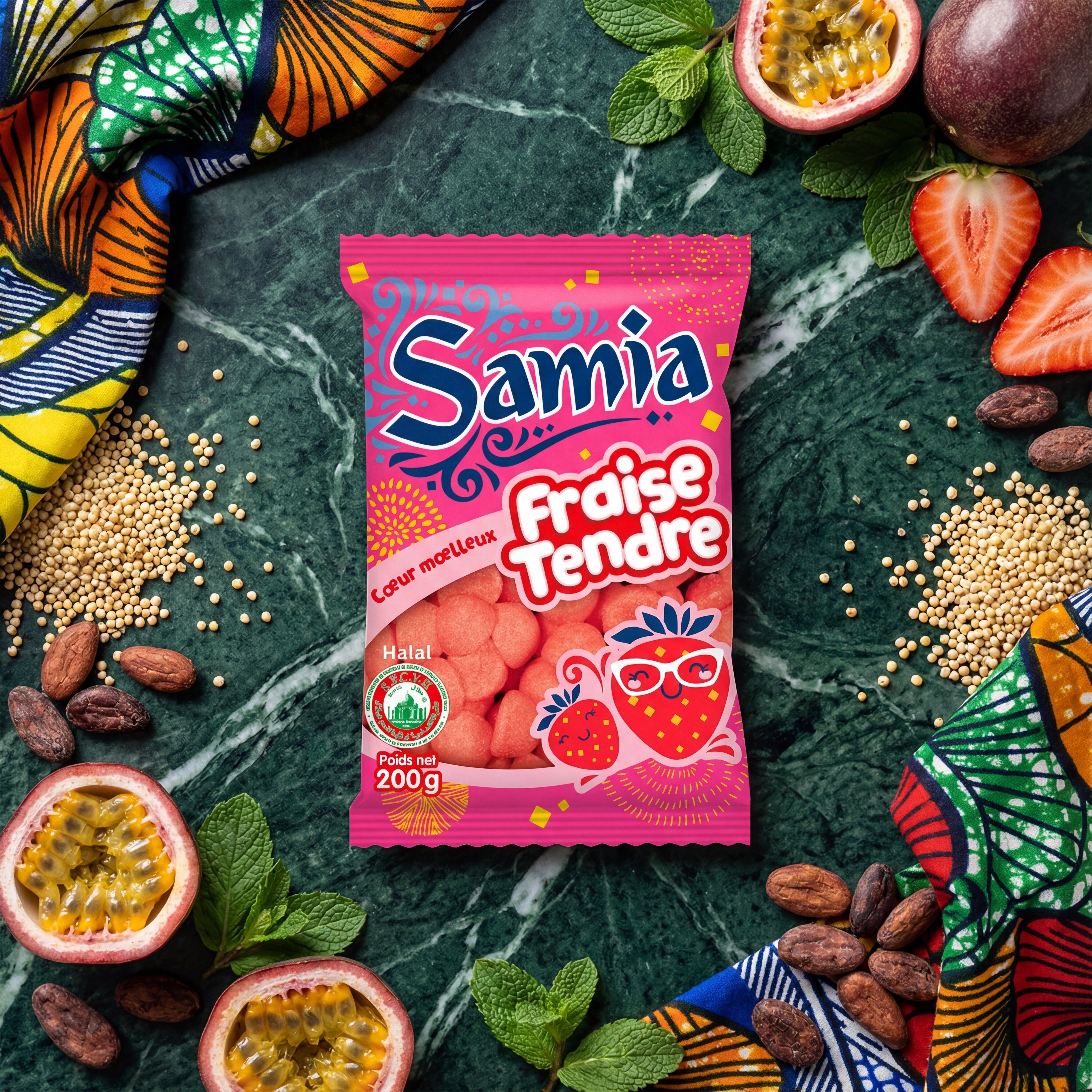 Bonbons Fraise Tendre SAMIA - Délicieuse Douceur Fruitée posés sur fond vert marbré avec fruits exotiques, cacao et tissus colorés.