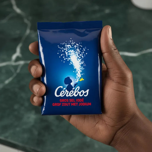 Main tenant un sachet de gros sel CEREBOS iodé, sel de mer pratique pour la cuisine quotidienne et les assaisonnements.