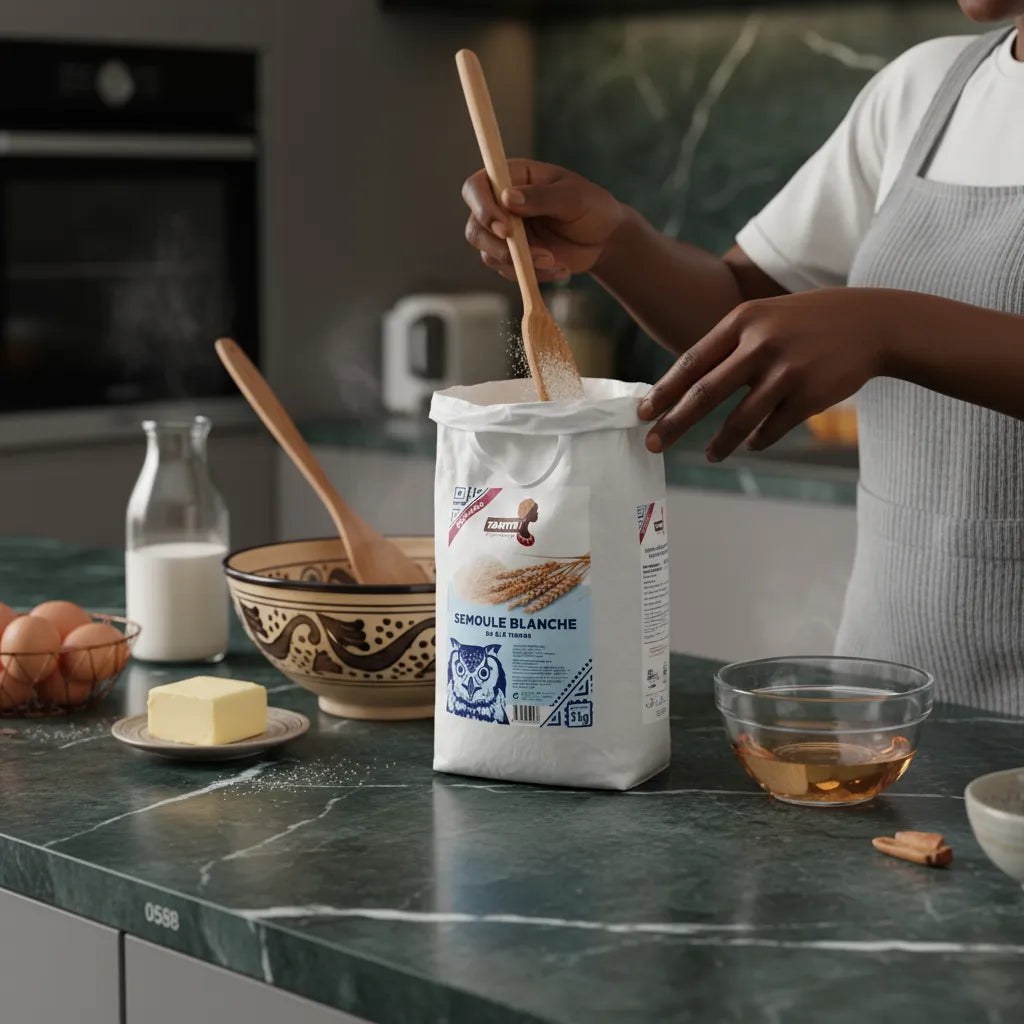 Préparation culinaire avec semoule blanche TANTIE - Blé dur, Polyvalente, Fraîche sur plan de travail, accompagnée d'ingrédients frais.