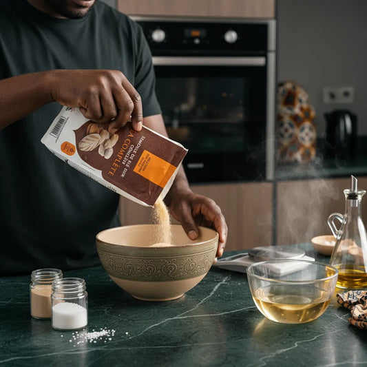 Préparation culinaire avec semoule de blé complet RENARD versée dans un saladier, ingrédient nutritif pour recettes maison. Épicerie salée naturelle.