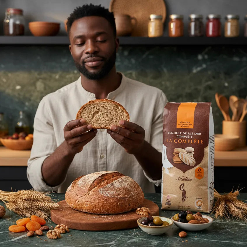 Homme dégustant du pain fait maison à base de semoule de blé complet RENARD, source de fibres et goût authentique. Produit d'épicerie salée.
