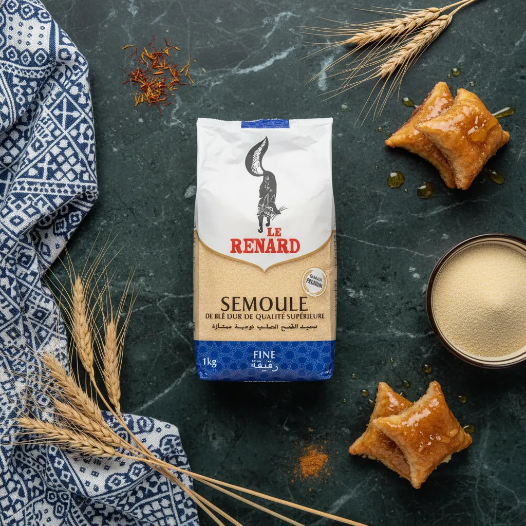 Semoule de blé fine RENARD posée sur table avec pâtisseries orientales, blé, et épices, parfaite pour recettes sucrées et salées.