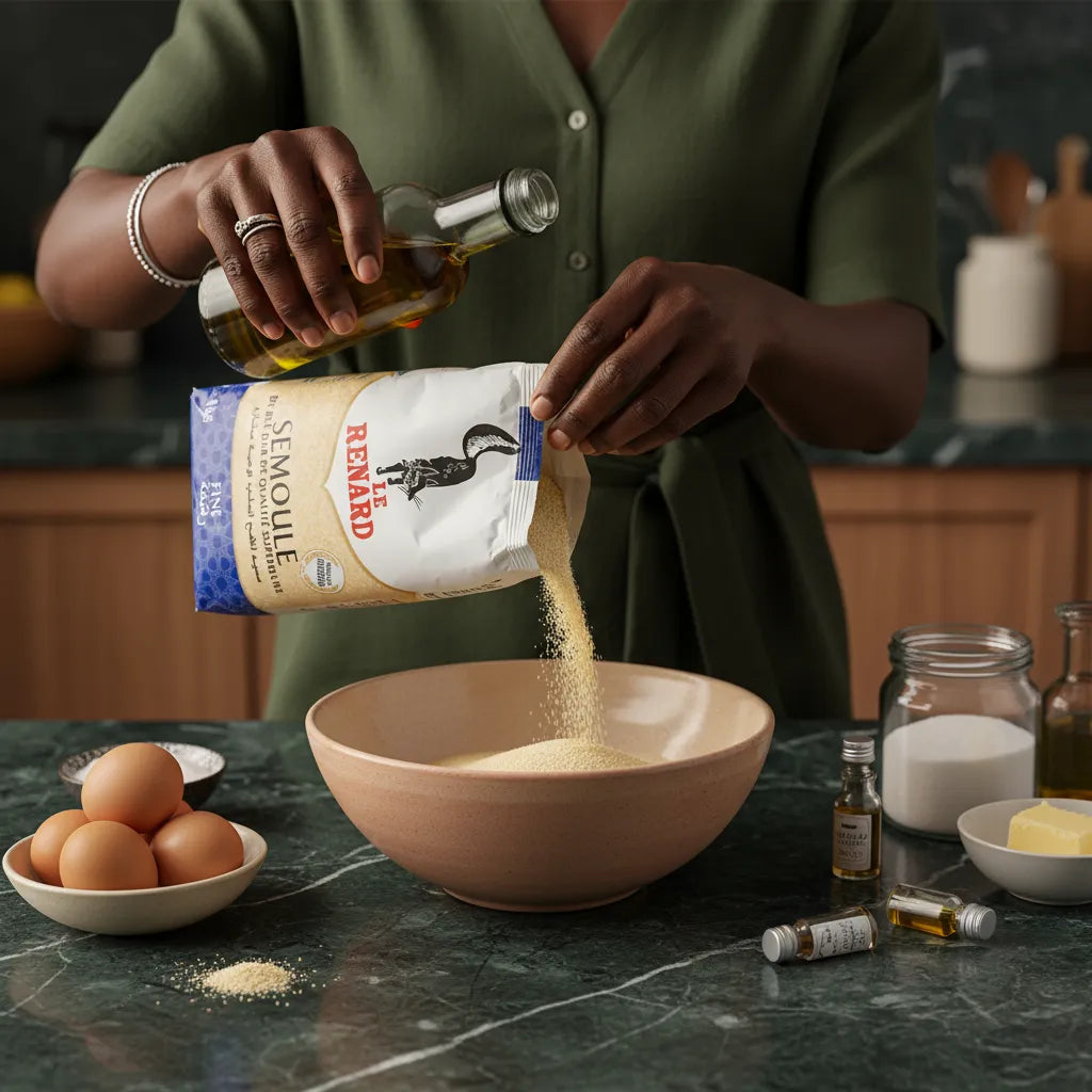 Préparation culinaire avec semoule de blé fine RENARD versée dans un bol, accompagnée d'œufs, huile et arômes pour recettes maison.
