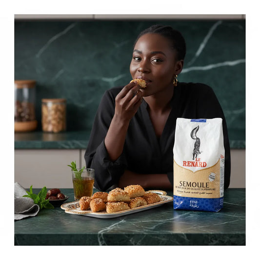 Femme dégustant des pâtisseries faites avec semoule de blé fine RENARD, idéale pour recettes sucrées traditionnelles et équilibrées.