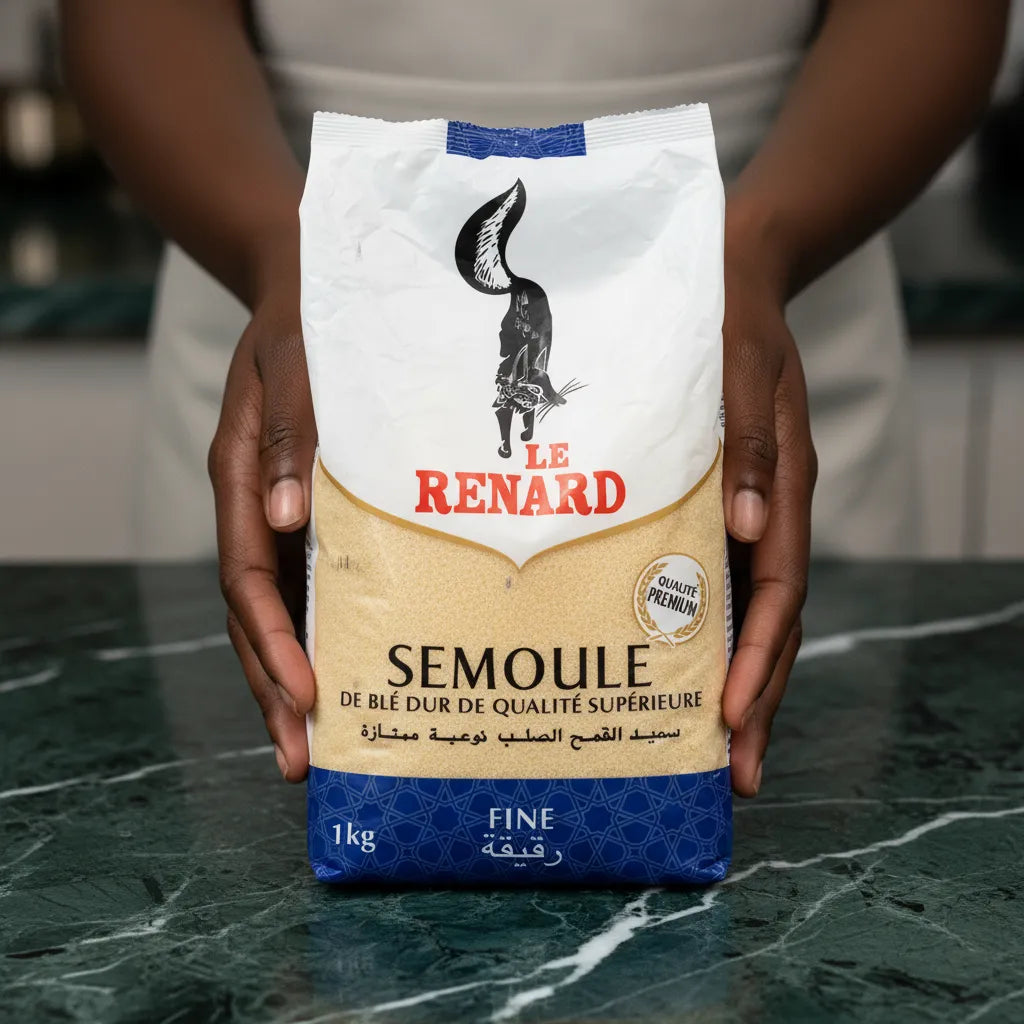 Paquet de semoule de blé fine RENARD tenu à deux mains, ingrédient essentiel pour cuisiner sainement et rapidement au quotidien.