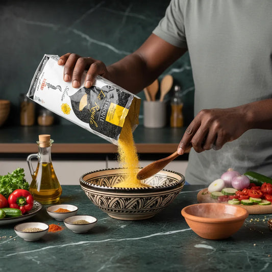 Versement de semoule RENARD Extra-fine La Royale dans un plat marocain, entourée d'ingrédients frais, idéale pour recettes maison savoureuses.