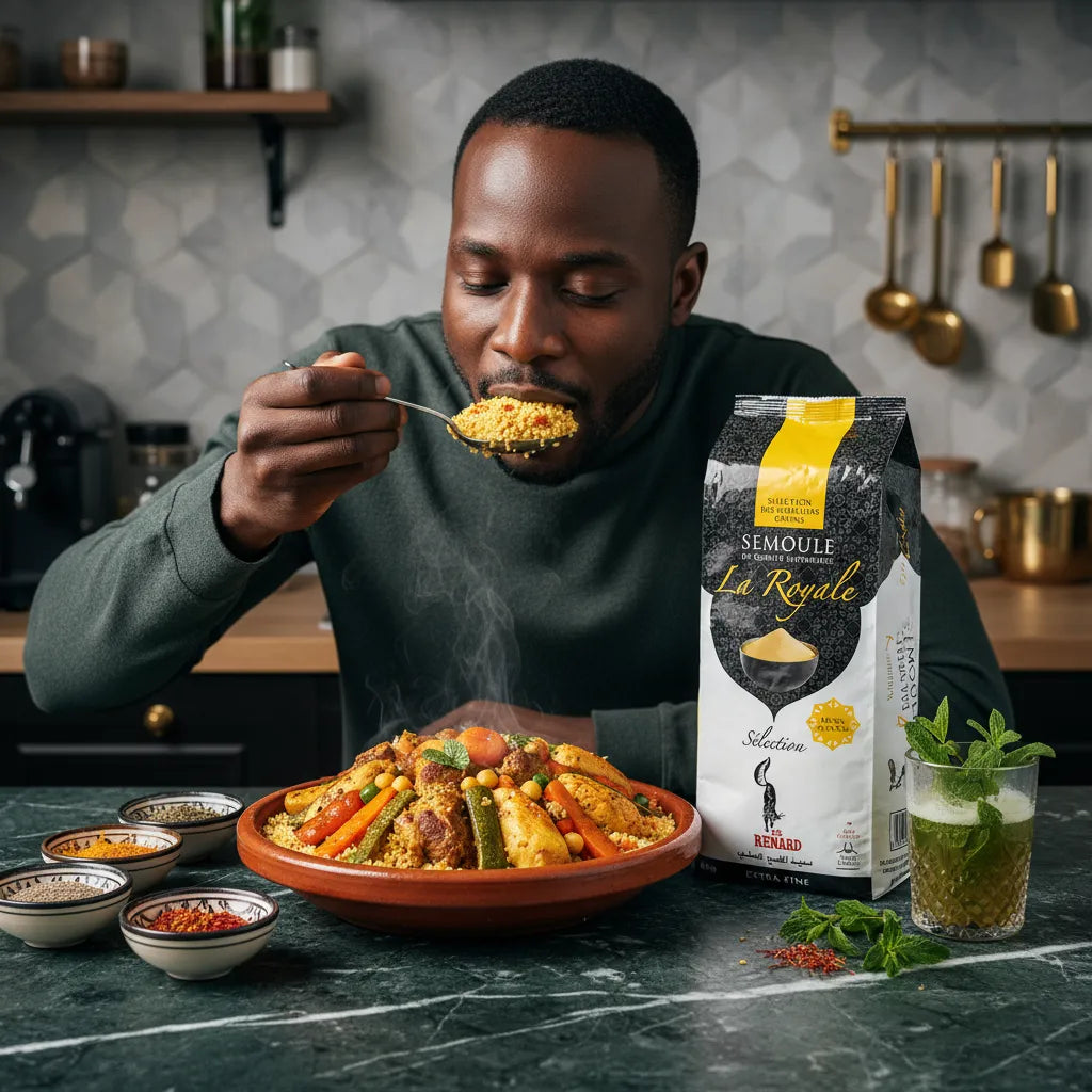 Homme dégustant un couscous préparé avec la semoule RENARD Extra-fine La Royale, accompagnée de menthe et épices, parfaite pour plats traditionnels.