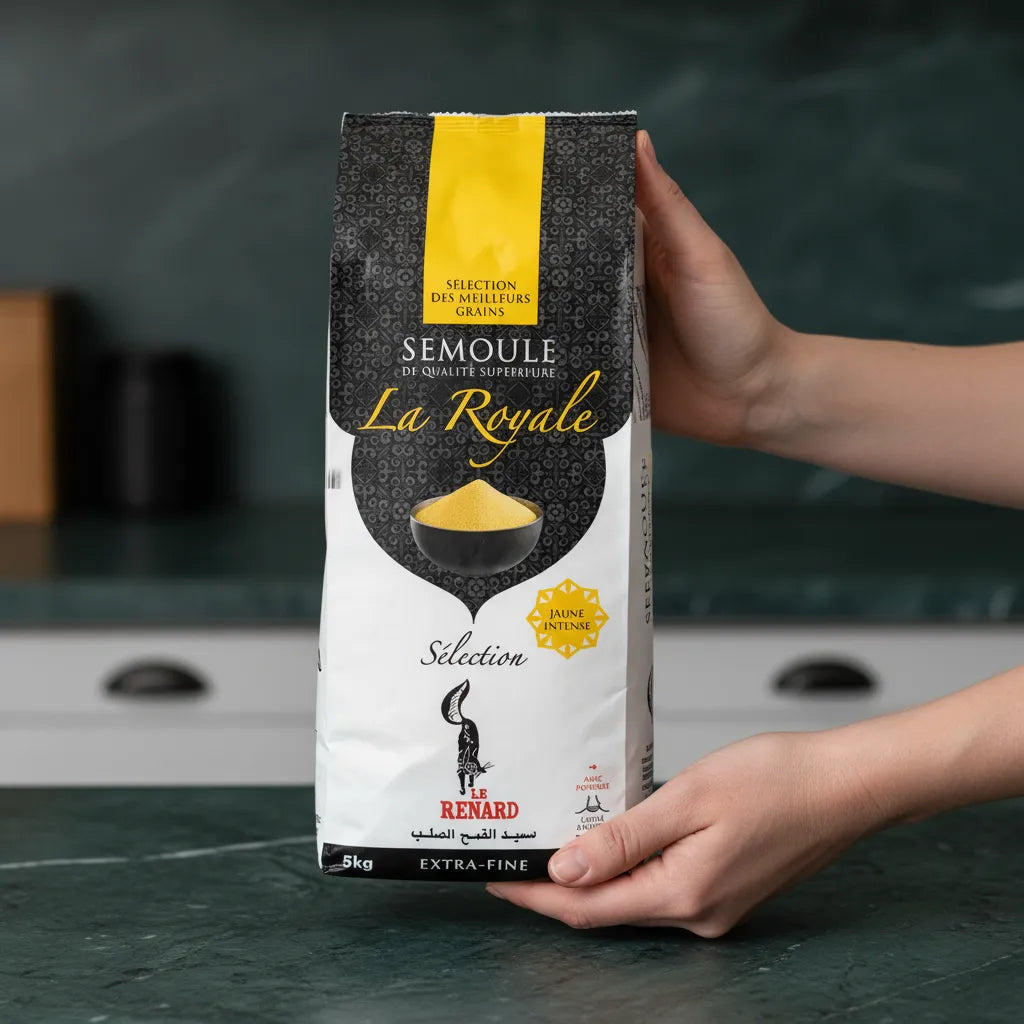 Main tenant un paquet de semoule RENARD Extra-fine La Royale 5kg, blé de qualité supérieure pour préparations culinaires homogènes et légères.