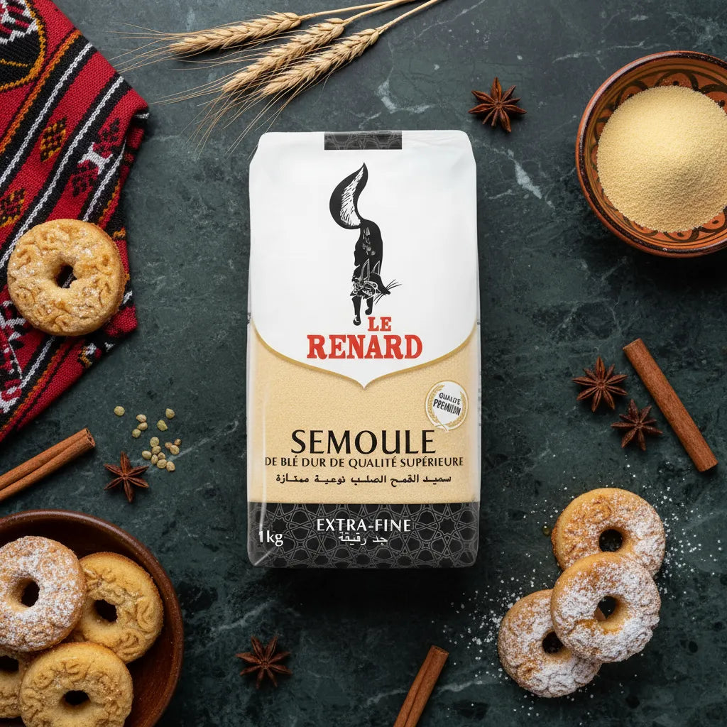 Semoule de blé fine RENARD 1kg posée sur table avec biscuits et épices, parfaite pour pâtisserie et plats traditionnels orientaux.