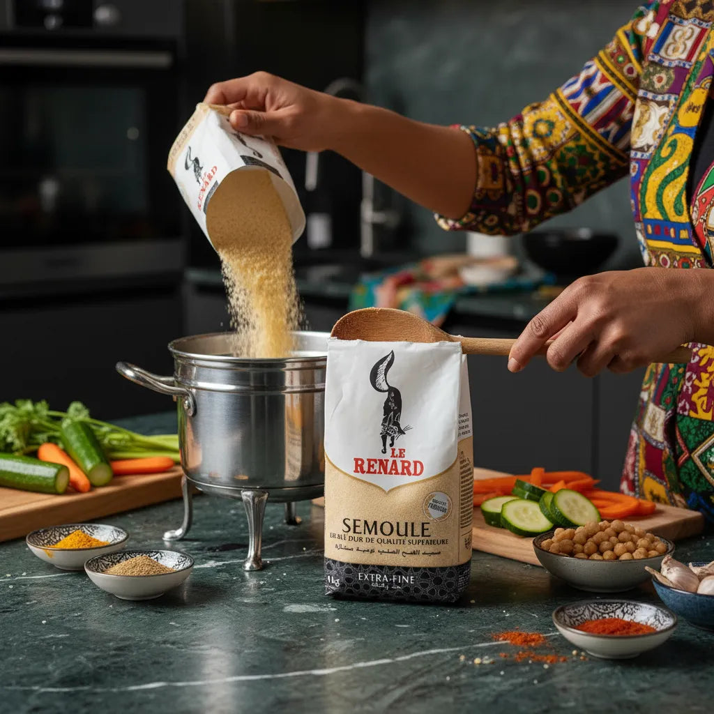 Utilisation de la semoule de blé extra-fine RENARD en cuisine, versée dans une casserole avec légumes frais et épices en arrière-plan.