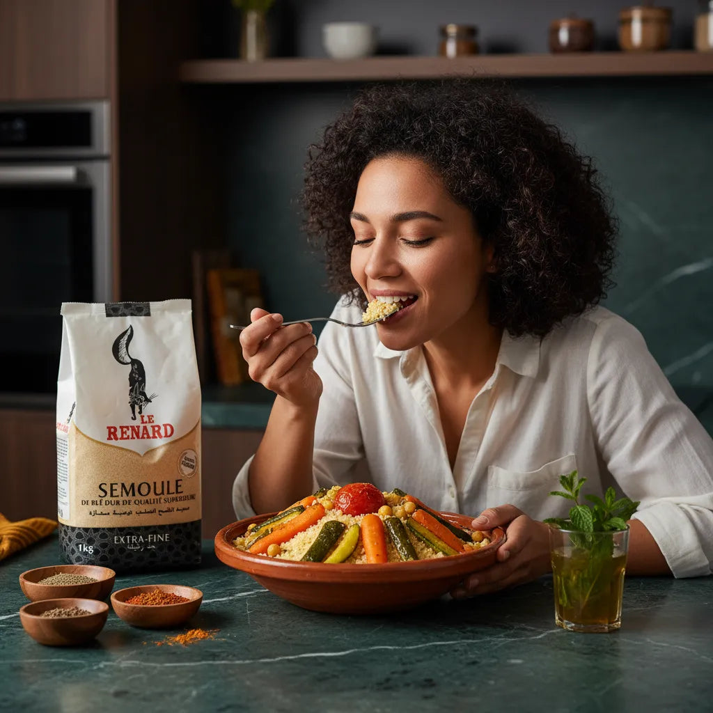 Femme dégustant un couscous aux légumes préparé avec la semoule de blé fine RENARD, ingrédient idéal pour plats savoureux et équilibrés.