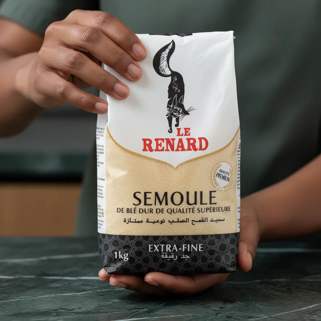 Gros plan sur paquet de semoule de blé RENARD extra-fine 1kg tenu à la main, ingrédient de qualité supérieure pour cuisine maison.