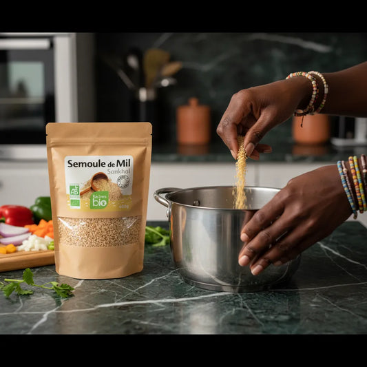 Préparation culinaire avec Semoule de Mil BIO RACINES versée dans une casserole, ingrédient bio pour recettes maison nutritives.