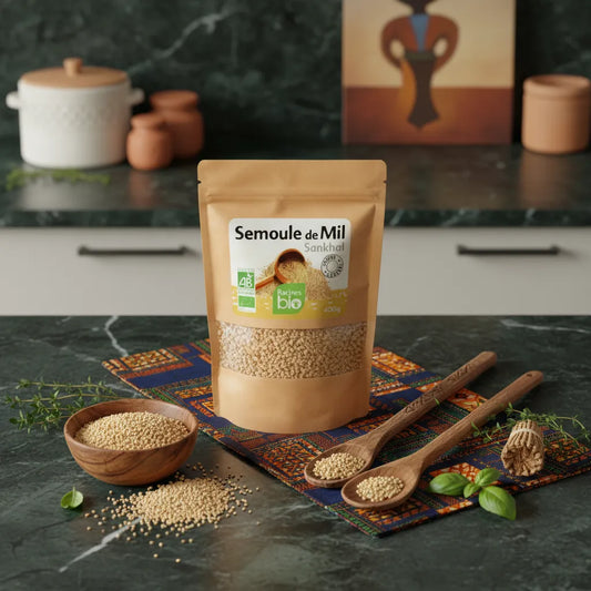 Semoule de Mil BIO RACINES 400g présentée avec cuillères en bois et herbes, produit bio pour cuisine traditionnelle et moderne.