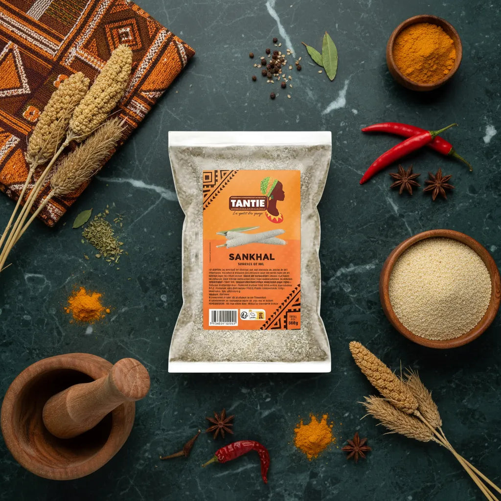 Sankhal TANTIE - Poisson Séché Fermenté entouré d'épices et céréales, semoule de mil artisanale pour recettes africaines authentiques.