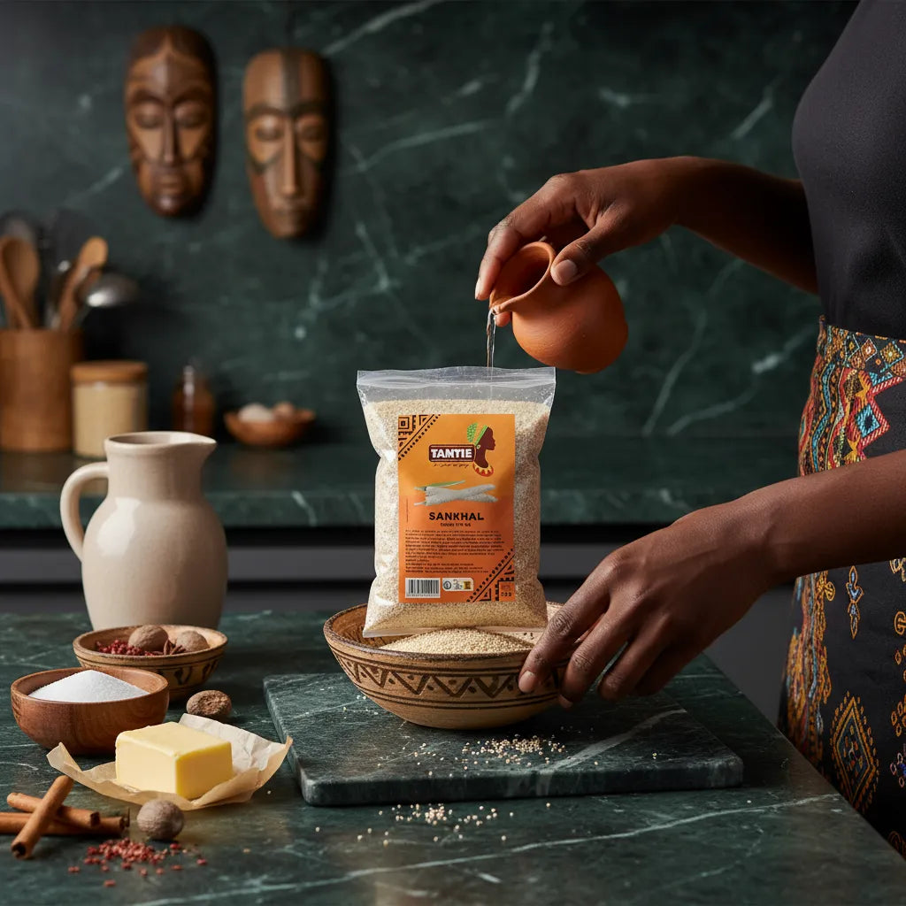 Préparation du Sankhal TANTIE - Poisson Séché Fermenté dans une cuisine africaine, semoule de mil versée dans un bol traditionnel.