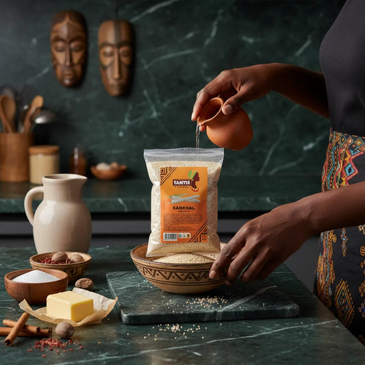 Préparation du Sankhal TANTIE - Poisson Séché Fermenté dans une cuisine africaine, semoule de mil versée dans un bol traditionnel.