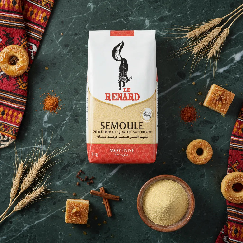 Semoule de blé moyenne RENARD - Polyvalente et Savoureuse entourée d’ingrédients traditionnels, parfaite pour cuisine orientale.