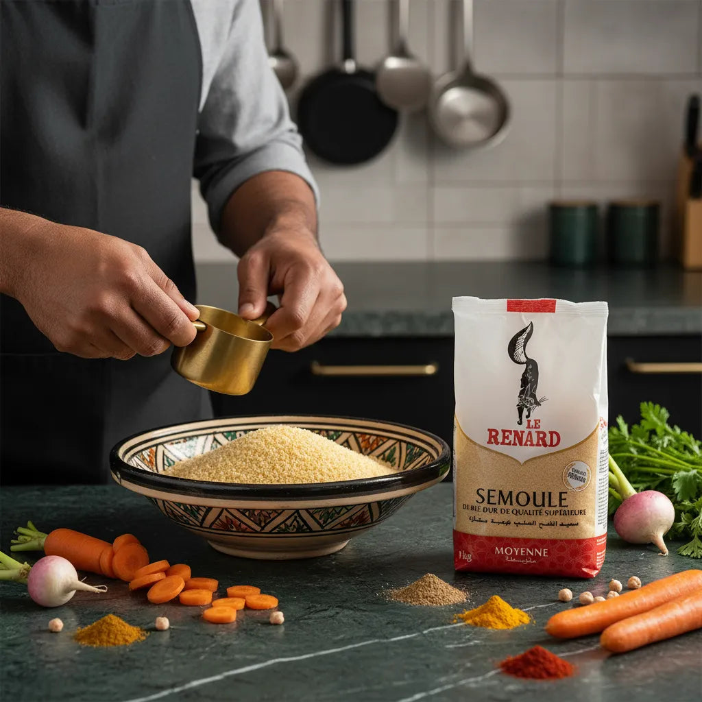 Préparation culinaire avec semoule de blé moyenne RENARD - Polyvalente et Savoureuse, parfaite pour recettes salées et sucrées.