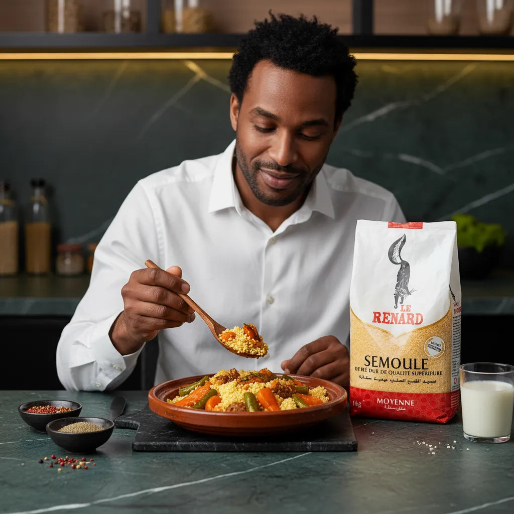 Homme dégustant un couscous préparé avec la semoule de blé moyenne RENARD - Polyvalente et Savoureuse, idéale pour plats traditionnels.