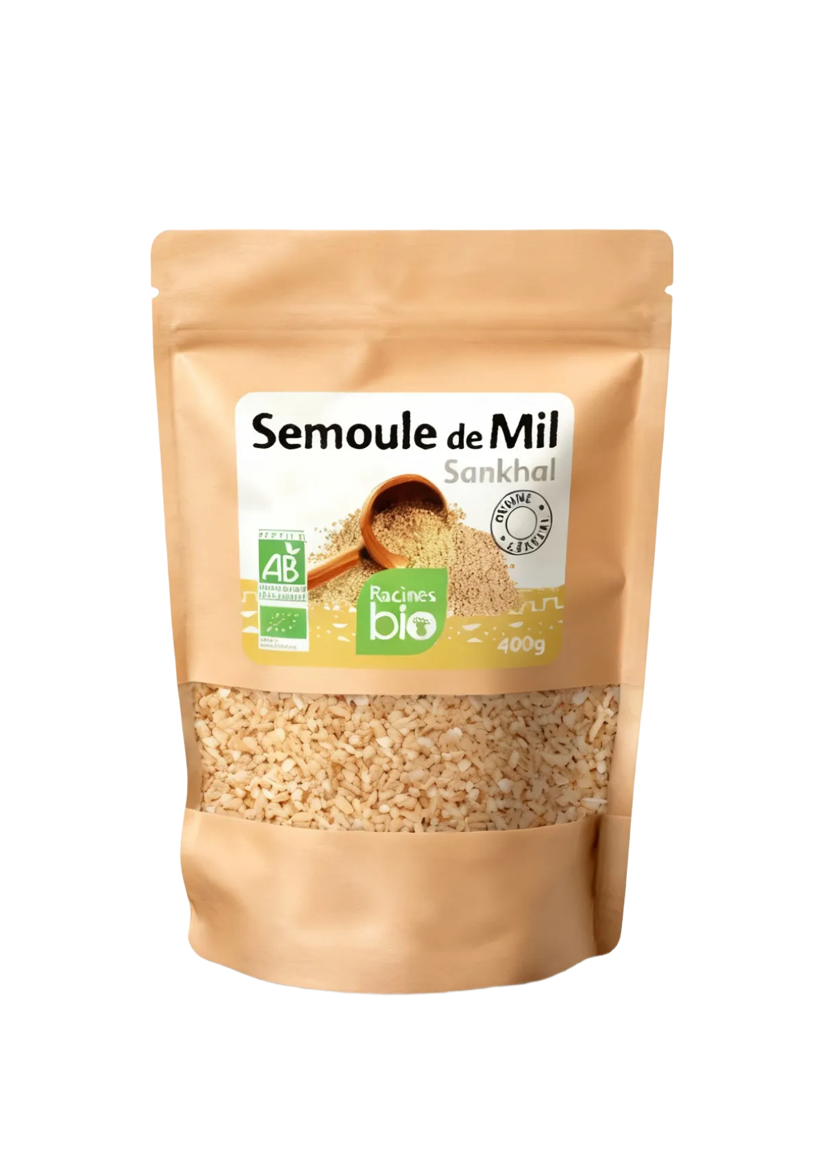Semoule de Mil BIO RACINES en sachet de 400g, étiquetée AB et Ecocert, idéale pour cuisine saine et recettes sucrées ou salées.
