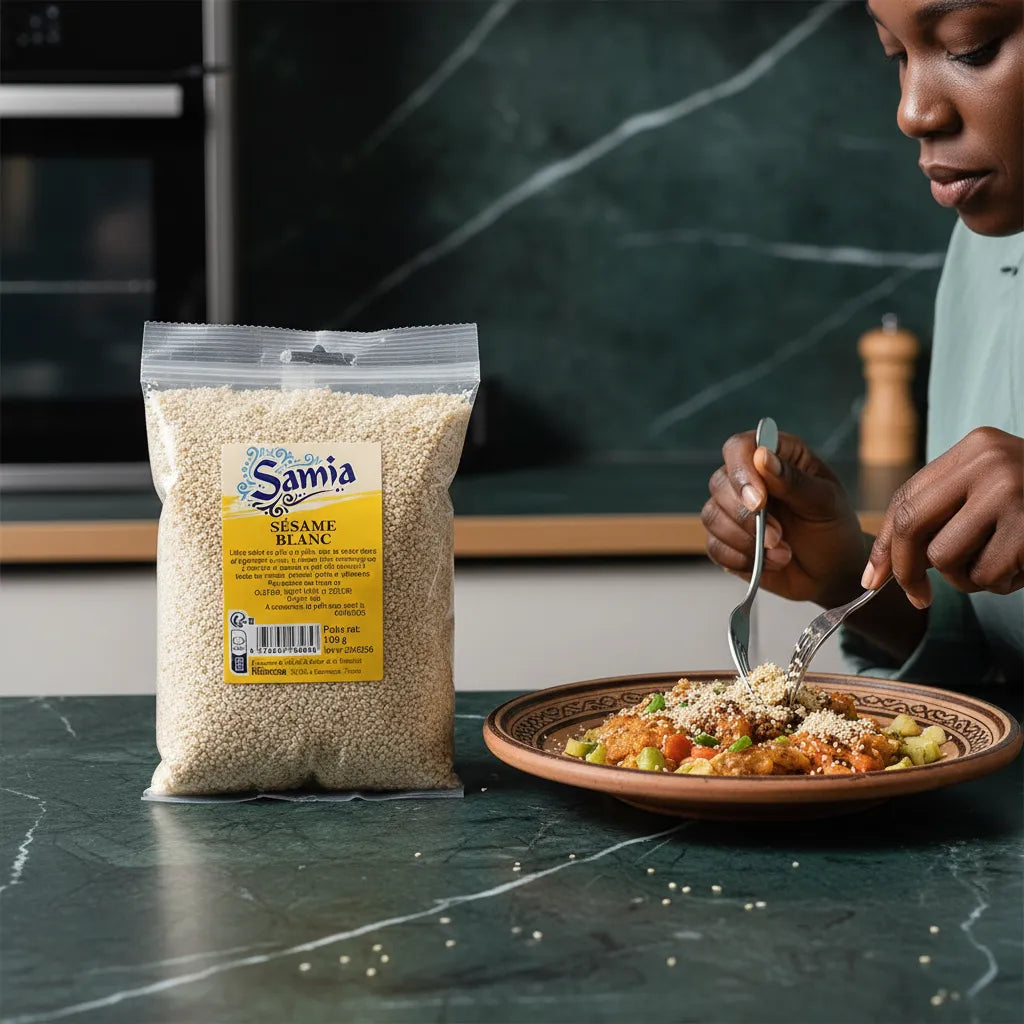 Graines de sésame blanc SAMIA utilisées pour garnir un plat cuisiné. Parfaites pour enrichir vos repas avec une touche croquante et saine.