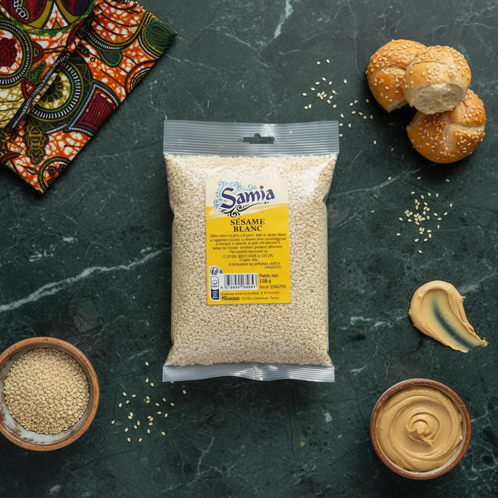 Sachet de graines de sésame blanc SAMIA posé sur table avec pain, purée de sésame et graines. Produit polyvalent pour l'épicerie salée.