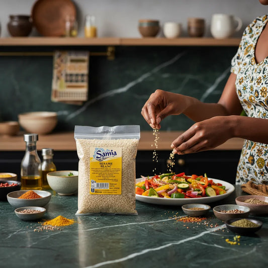 Graines de sésame blanc SAMIA saupoudrées sur une salade fraîche. Idéal pour une cuisine saine et savoureuse au quotidien.