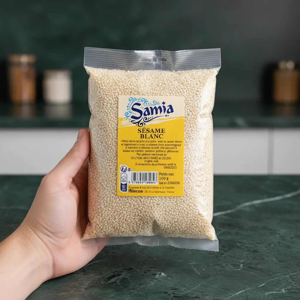 Main tenant un sachet de graines de sésame blanc SAMIA 100g. Produit d'épicerie salée à la saveur subtile et aux bienfaits nutritionnels.