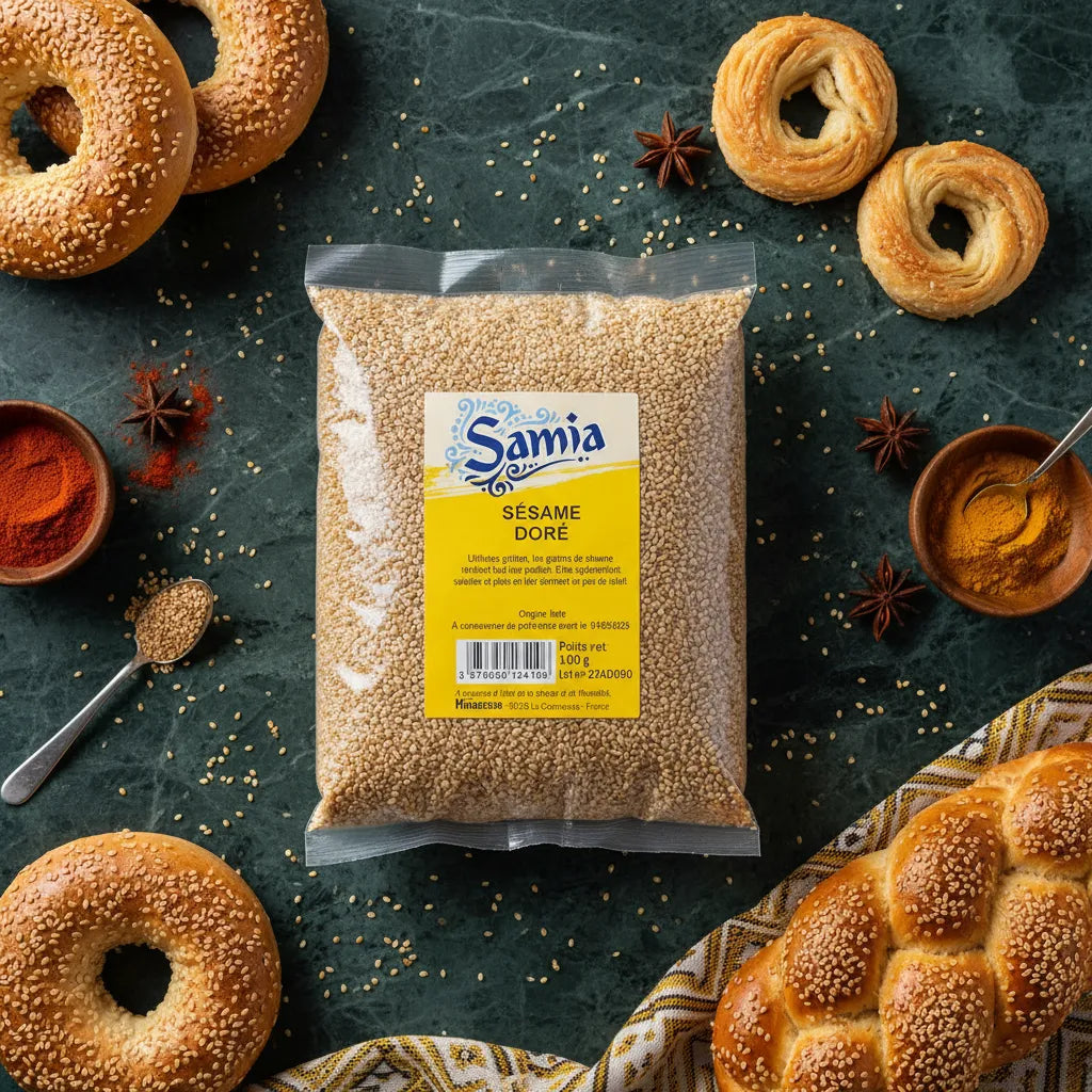 Sachet de sésame doré bio Samia entouré de pains et pâtisseries, parfait pour rehausser vos recettes. Graine nutritive en épicerie salée.
