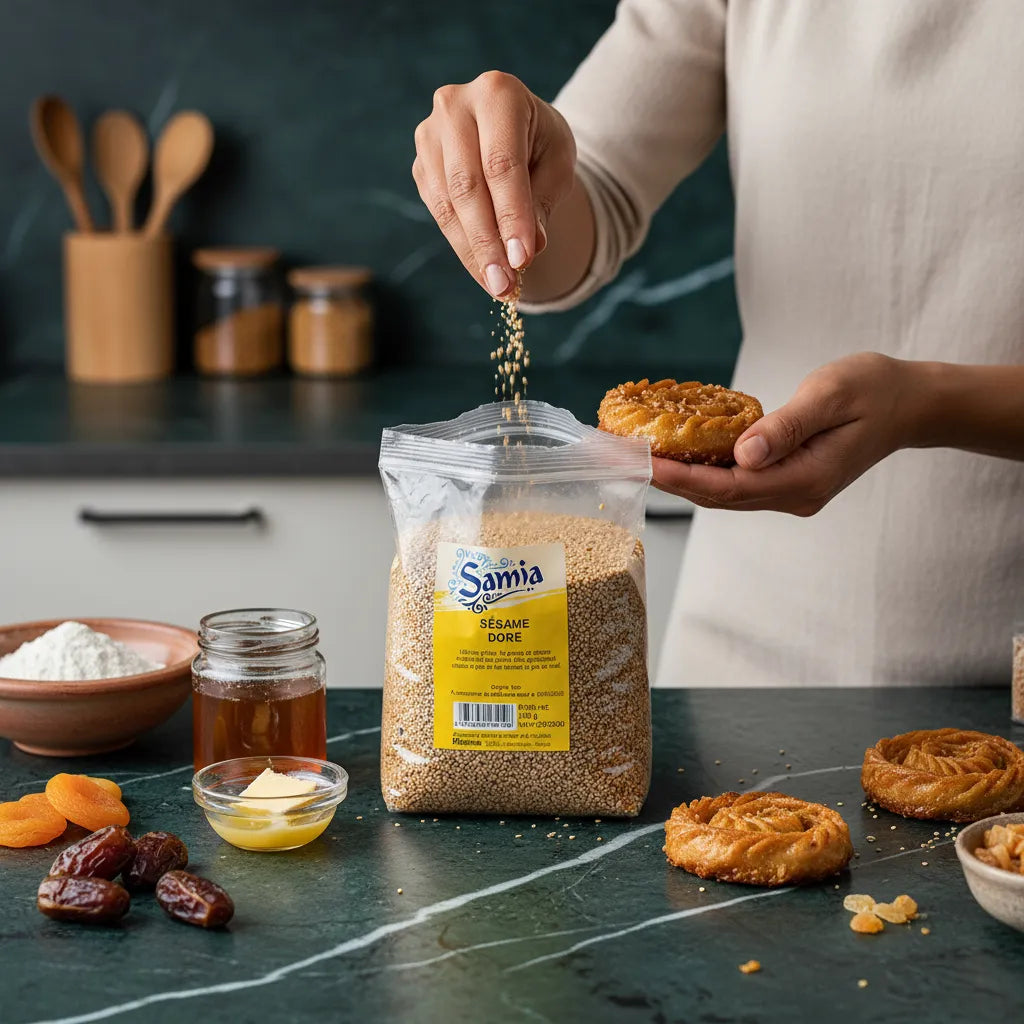 Main saupoudrant du sésame doré bio Samia sur pâtisserie orientale, ingrédient essentiel en cuisine. Graine dorée pour épicerie salée raffinée.