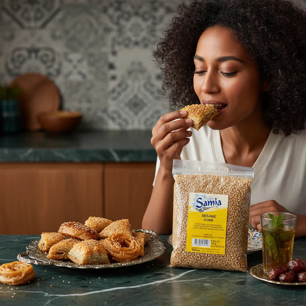 Femme dégustant une pâtisserie au sésame doré bio Samia, ingrédient phare pour recettes sucrées. Graine croquante et gourmande en épicerie salée.