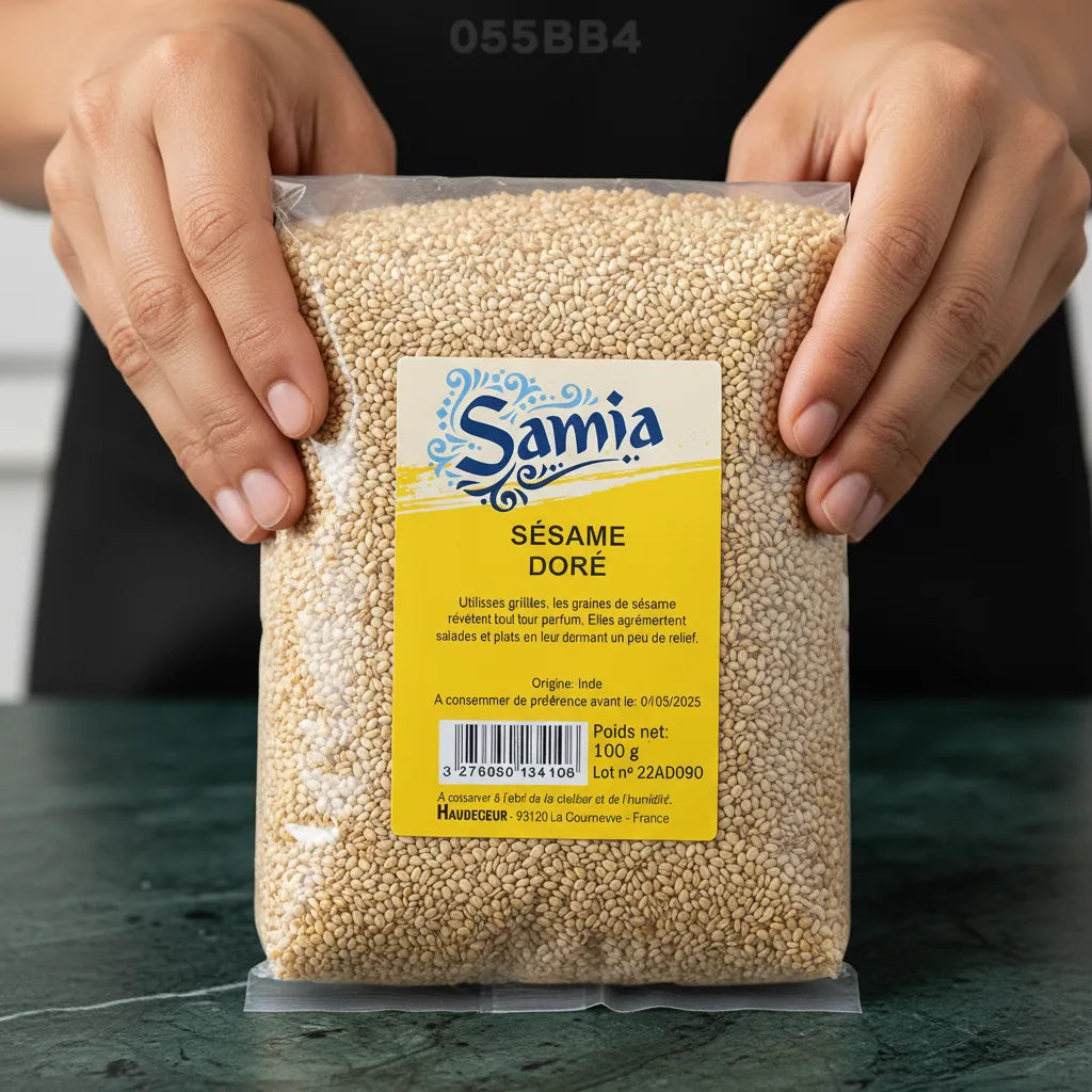 Sésame doré bio Samia tenu à deux mains, graine savoureuse pour cuisine créative. Produit d'épicerie salée aux multiples usages culinaires.