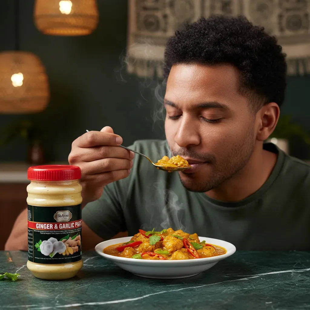 Homme dégustant un plat cuisiné avec pâte de gingembre et ail SHAMA. Idéal pour recettes maison riches en goût et épices.