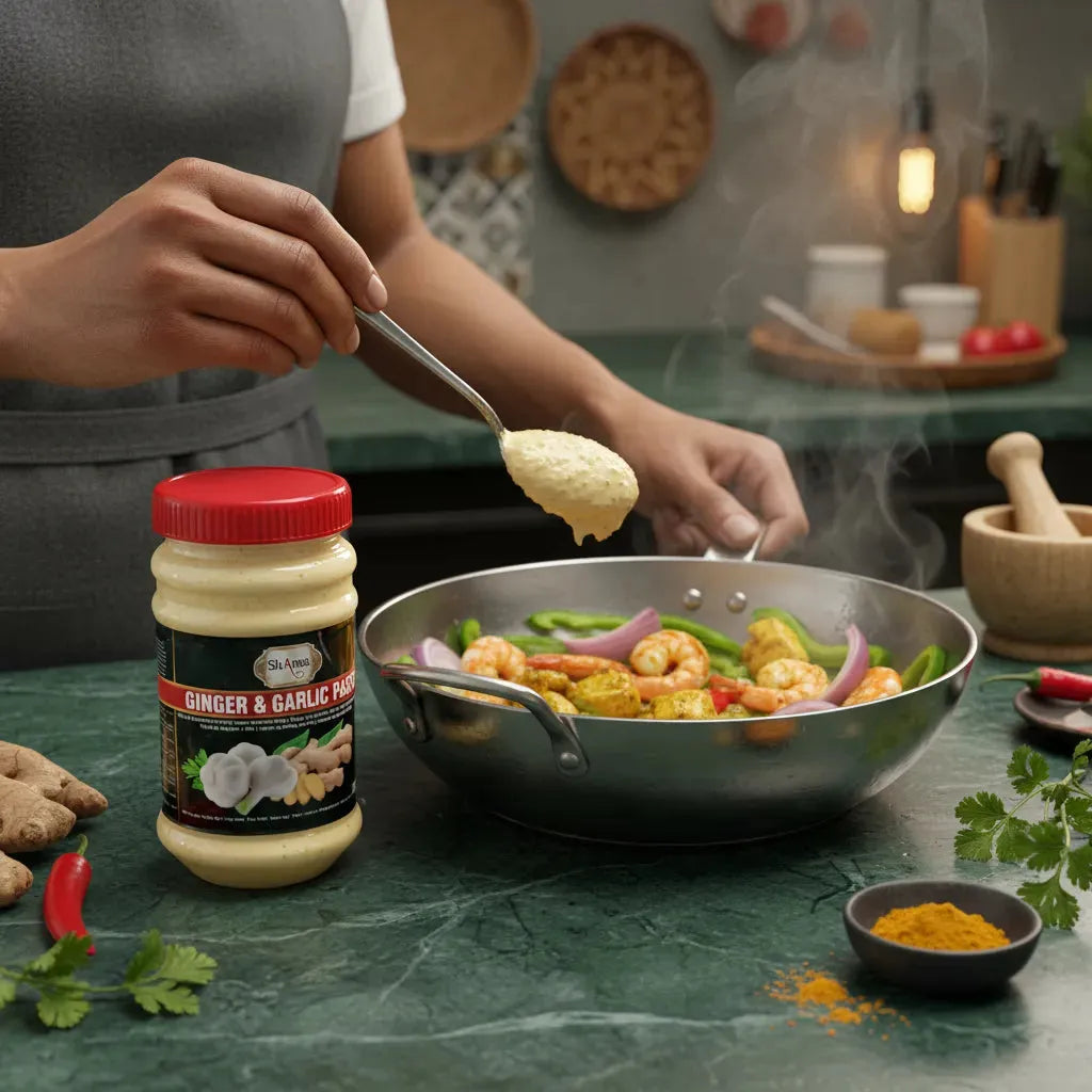 Cuisson de crevettes avec pâte de gingembre et ail SHAMA, parfaite pour rehausser les plats. Épicerie salée pour cuisine maison savoureuse.