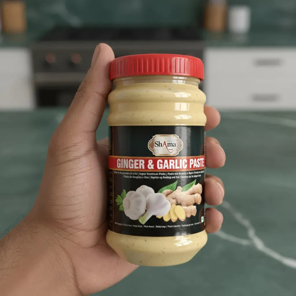 Pot de pâte de gingembre et ail SHAMA tenu à la main, parfait pour sauces et plats mijotés. Produit d'épicerie salée aux saveurs intenses.