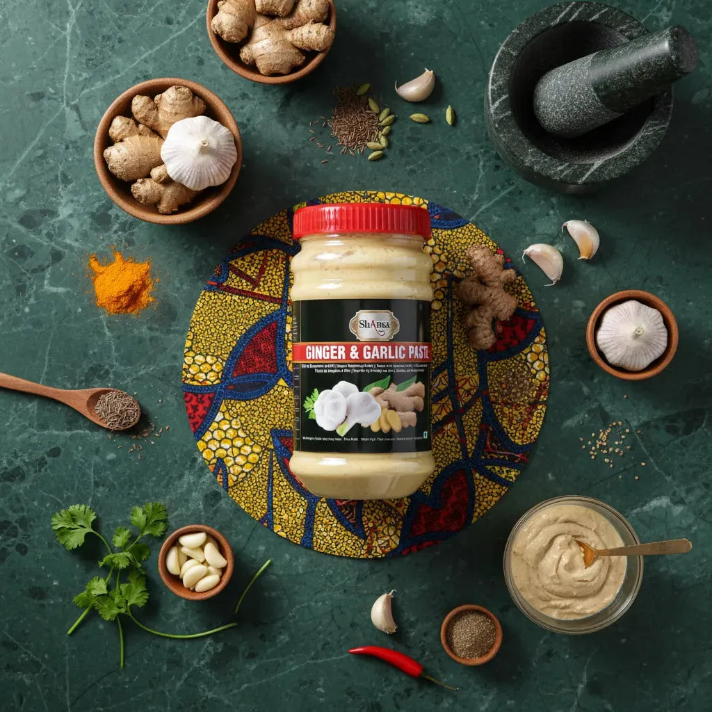 Pâte de gingembre et ail SHAMA entourée d'ingrédients frais comme ail, gingembre et épices. Produit d'épicerie salée pour cuisine aromatique.