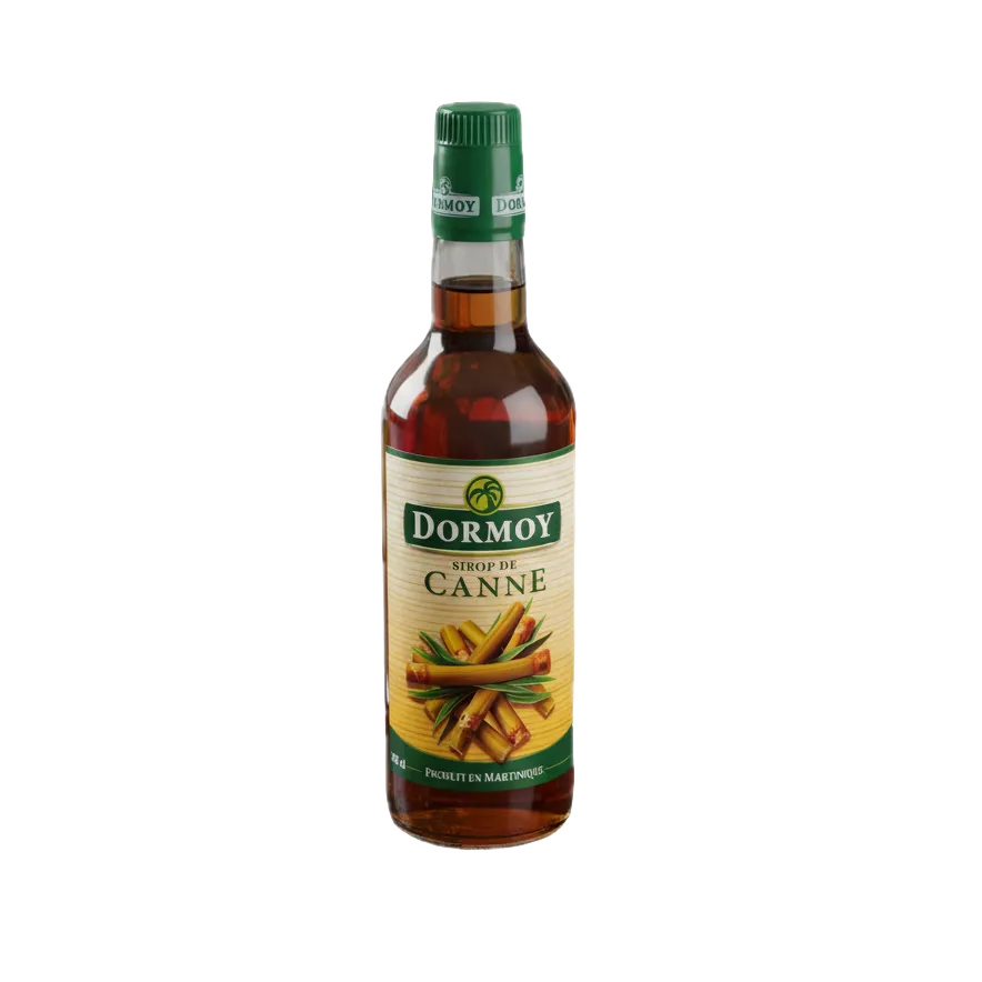 Bouteille de Sirop de Canne DORMOY 70cl, sucrant naturel antillais pur, idéale pour cocktails et desserts, étiquette verte et jaune.