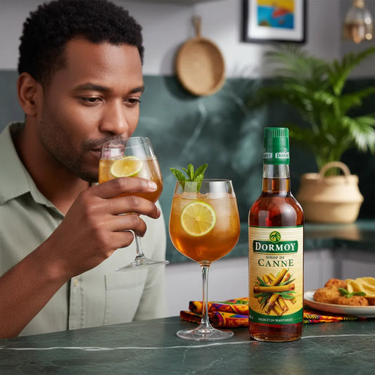 Homme dégustant un cocktail au Sirop de Canne DORMOY, boisson rafraîchissante avec citron et menthe, ambiance conviviale en cuisine moderne.