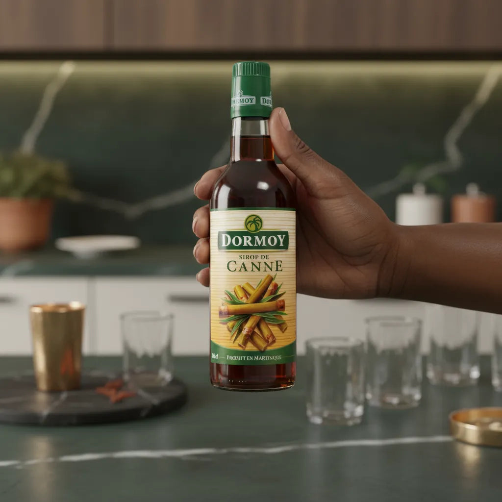 Main tenant une bouteille de Sirop de Canne DORMOY dans une cuisine contemporaine, parfait pour sucrer boissons et préparations culinaires.