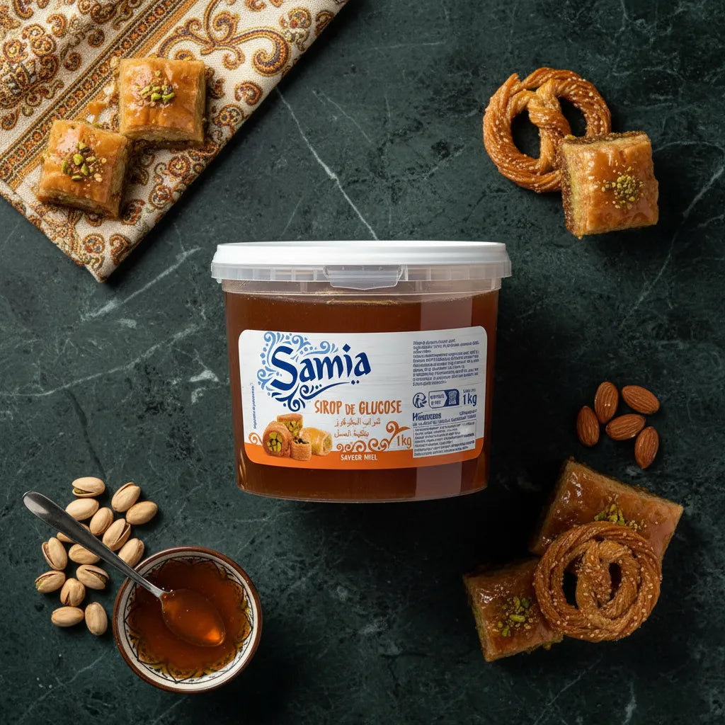 Sirop de glucose SAMIA 1kg présenté avec pâtisseries orientales, pistaches et amandes. Parfait pour desserts et recettes sucrées maison.