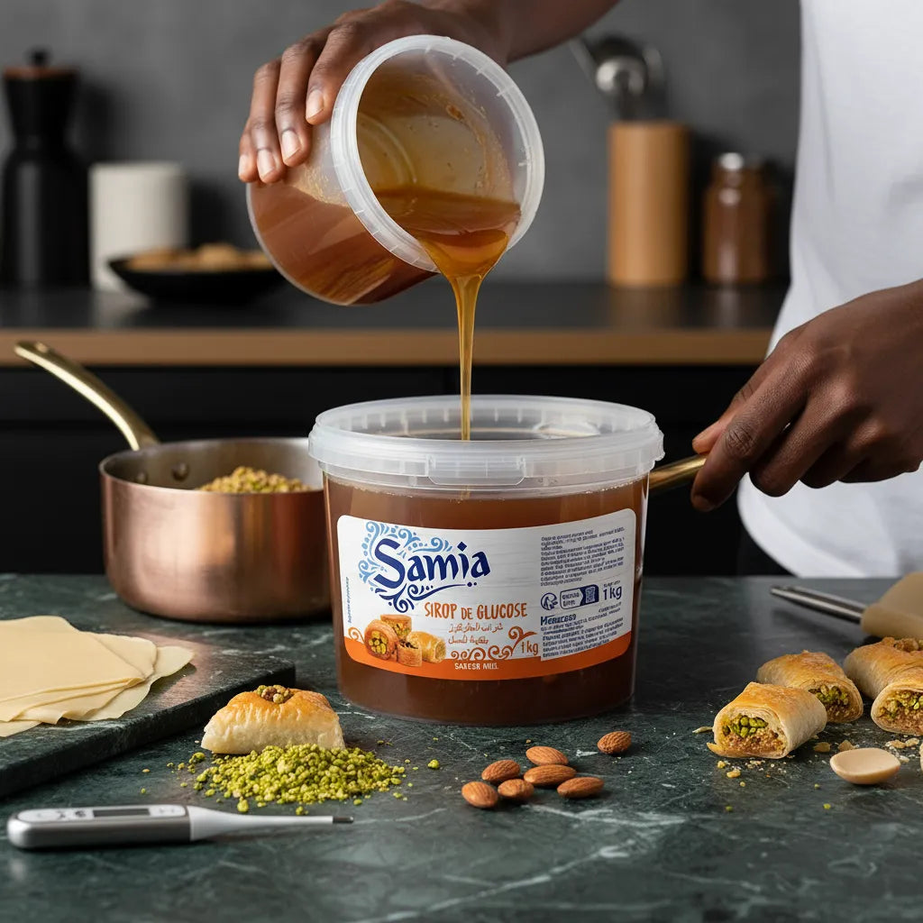 Versement du sirop de glucose SAMIA dans une casserole, entouré d’ingrédients pâtissiers. Idéal pour recettes sucrées et texture parfaite.
