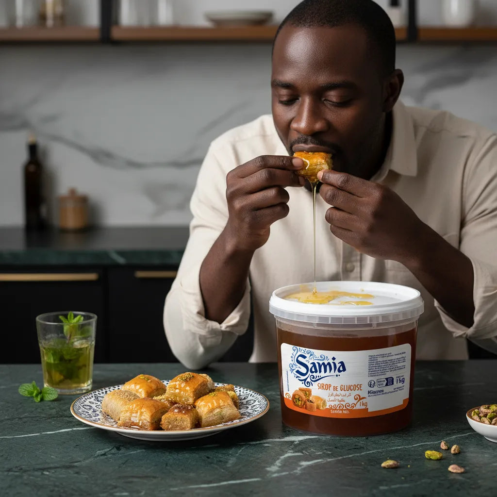 Homme dégustant des pâtisseries avec sirop de glucose SAMIA 1kg sur table. Produit culinaire idéal pour douceurs orientales et confiseries.