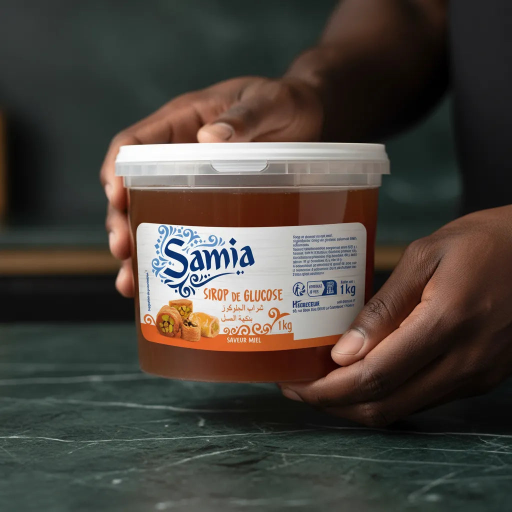 Main tenant un pot de sirop de glucose SAMIA 1kg, parfait pour confiseries, sauces et desserts. Produit d'épicerie sucrée incontournable.