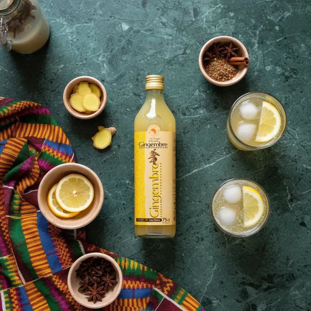 Jus concentré de gingembre RACINES entouré d’ingrédients frais comme citron et gingembre, parfait pour boissons rafraîchissantes maison.