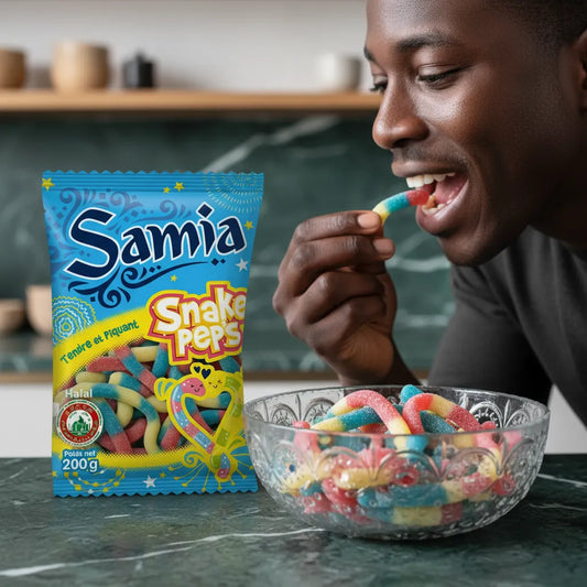 Homme dégustant des bonbons Snake Pep's halal Samia, friandises gélifiées acidulées en forme de serpent, idéales pour les amateurs de sucreries halal.